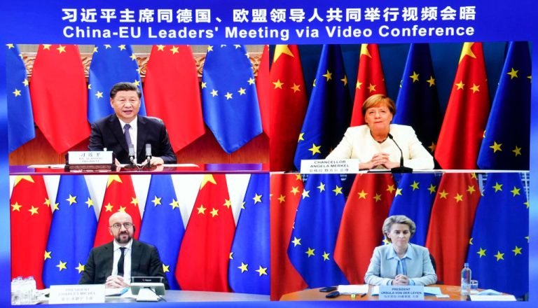 Chinese President Xi Jinping co-hosts a China-Germany-EU leaders' meeting in Beijing, capital of China,