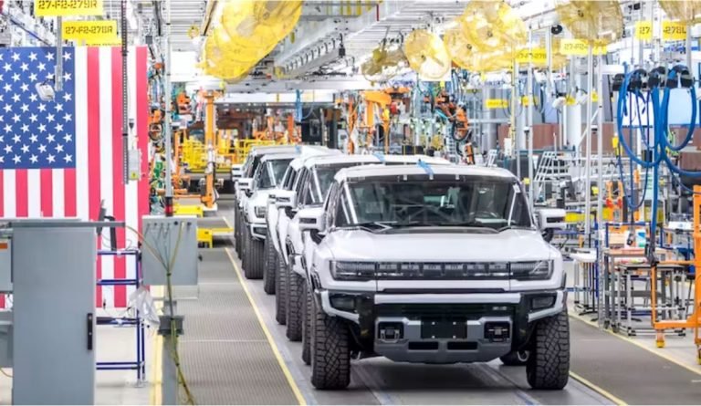 Automaker GMC shows off its Hummer EVs at a plant in Detroit